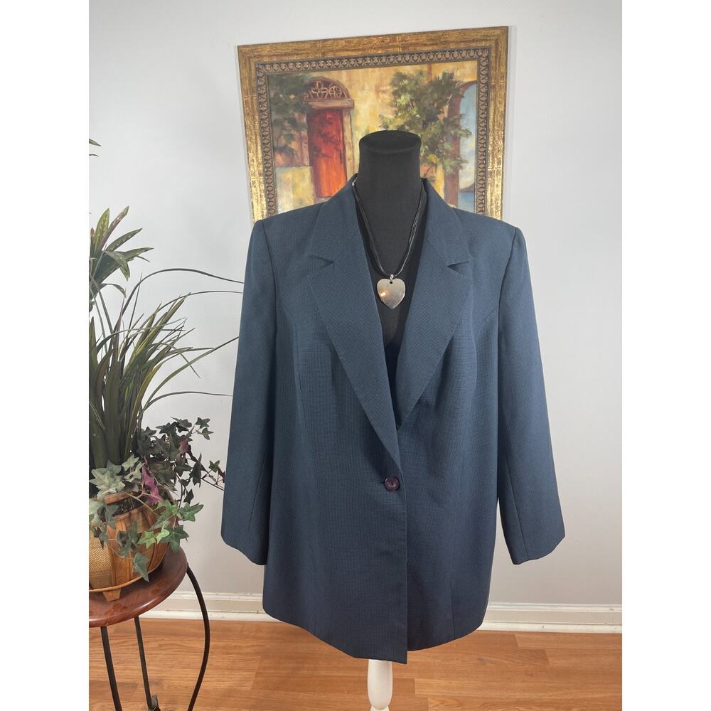 Le Suit Blazer Jacket Womens 18W Navy Weave Long Sleeve Minimalist Dark Academia